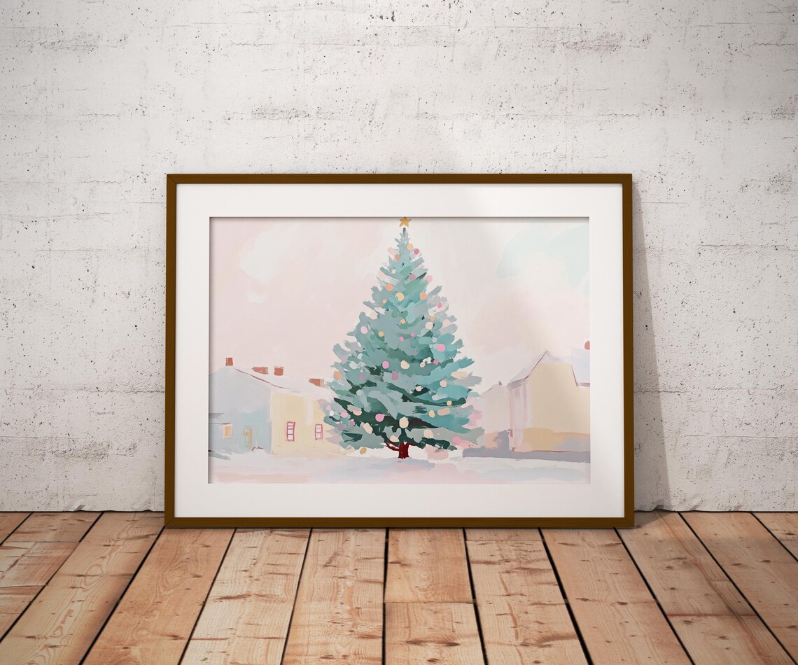 Pastel Christmas Tree Gold Star Snowy Street Winter Art Poster - Image 2