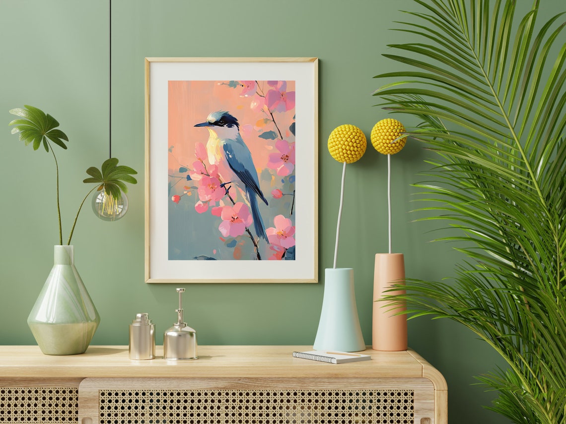 Azure Blue Bird on Pink Cherry Blossom Branch Pastel Spring Art Poster - Image 2
