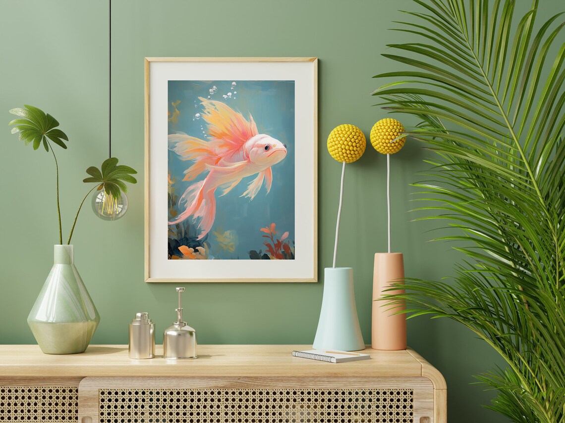 Goldfish with Flowing Fins in Turquoise Water Underwater Art Wall Poster - Image 2