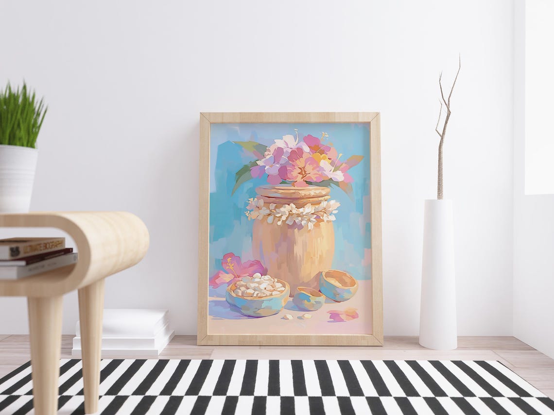 Clay Jar Pink Flowers Shell Bowls Pastel Still Life Kitchen Art Poster - Image 4