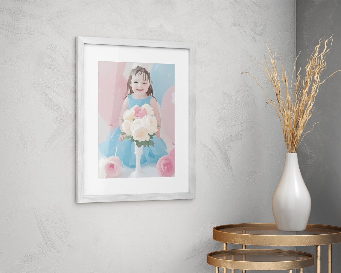 Little Girl With White Flower Bouquet Pastel Nursery Art Poster - Image 2