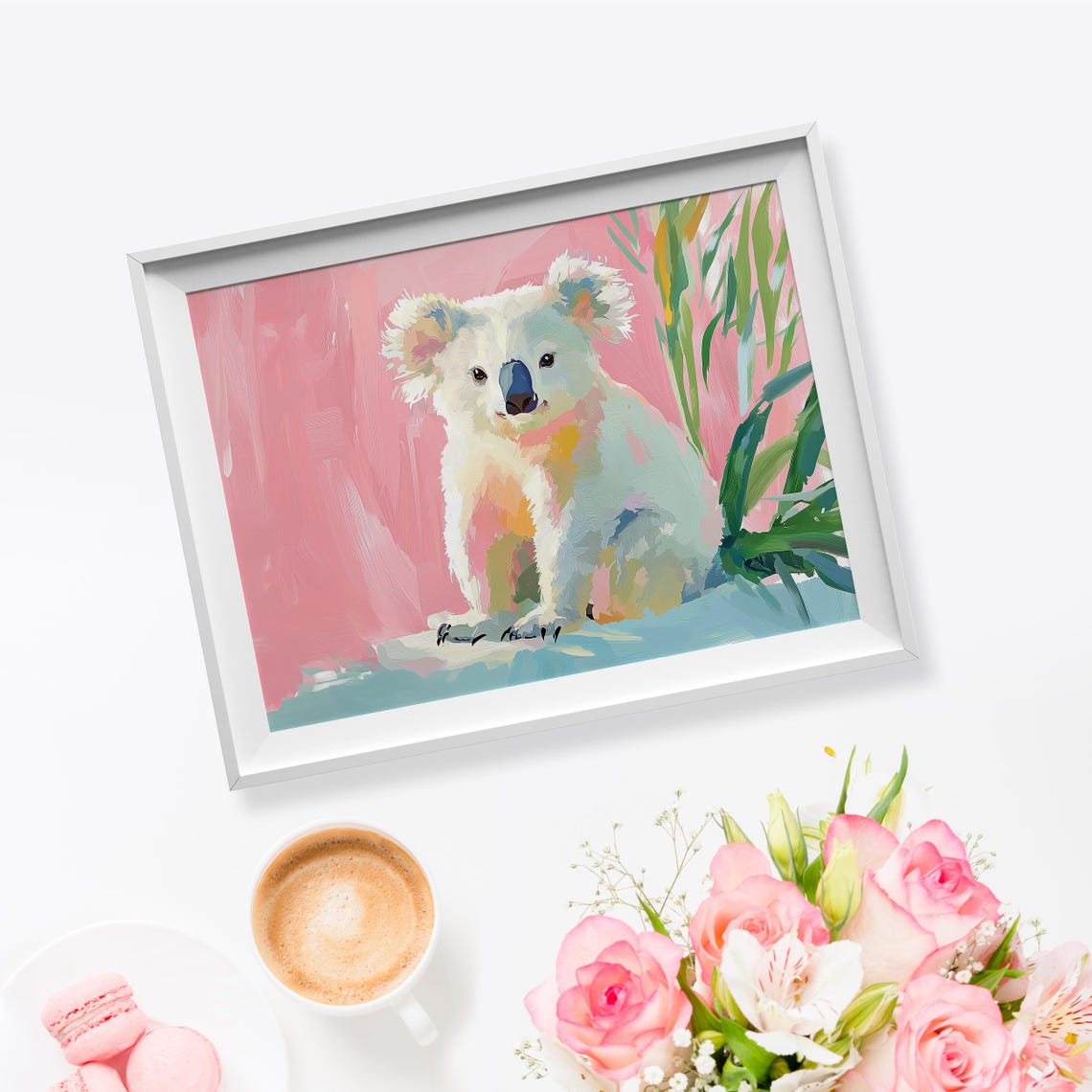 Cute White Koala Portrait Pink Background Eucalyptus Art Poster - Image 5