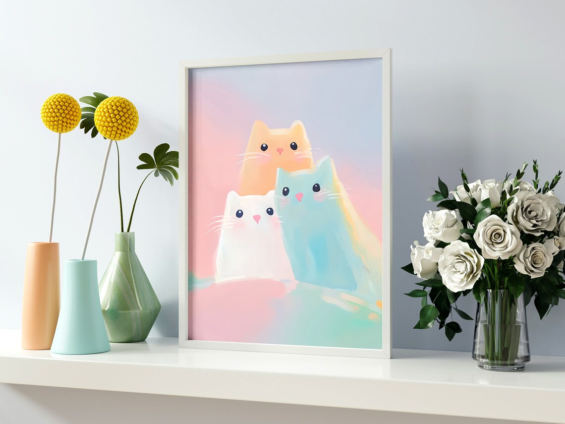 Three Pastel Cartoon Cats Cute Kawaii Feline Friends Wall Art - Image 4