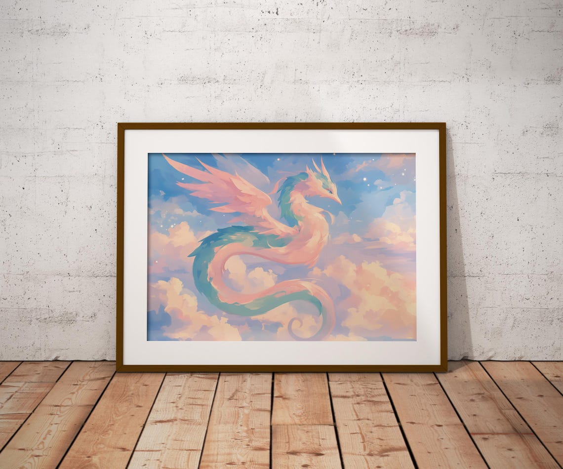 Pastel Cloud Dragon Soaring Pink Teal Sky Fantasy Creature Art Poster - Image 2