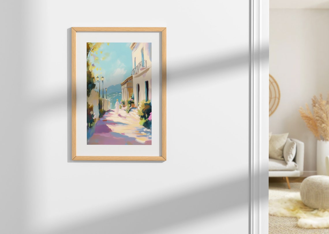 Coastal Town Street at Sunset Pastel Mediterranean Travel Poster - Image 2