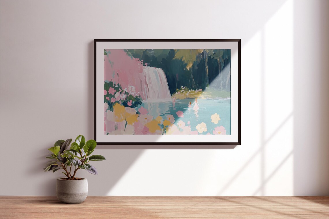 Pink Waterfall Teal Pond Wildflower Fantasy Forest Art Poster - Image 3