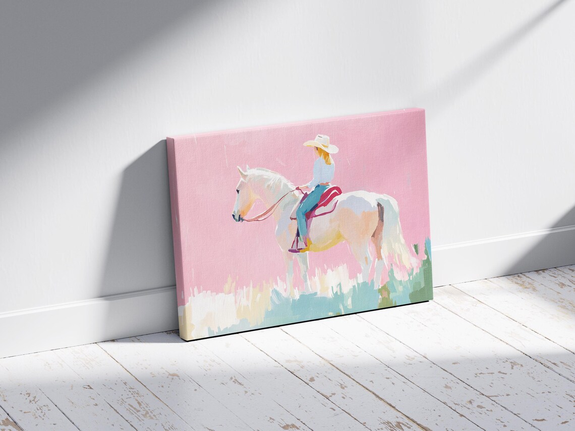 Cowgirl Riding White Horse Pink Pastel Western Equestrian Art Poster - Image 3