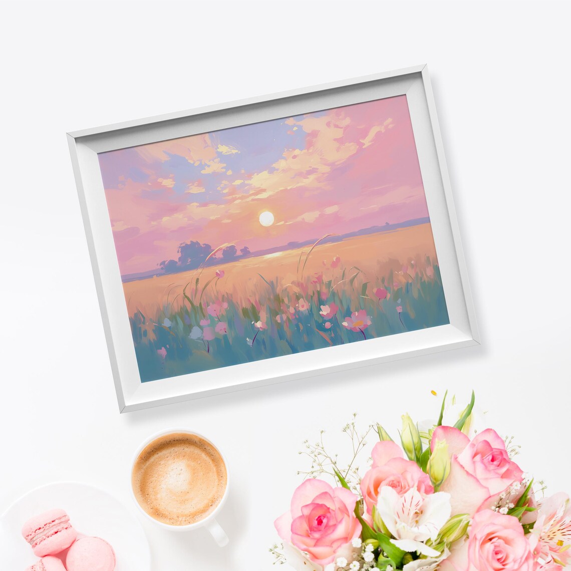 Sunrise Wildflower Meadow Pink Pastel Sky Morning Sun Landscape Poster - Image 5