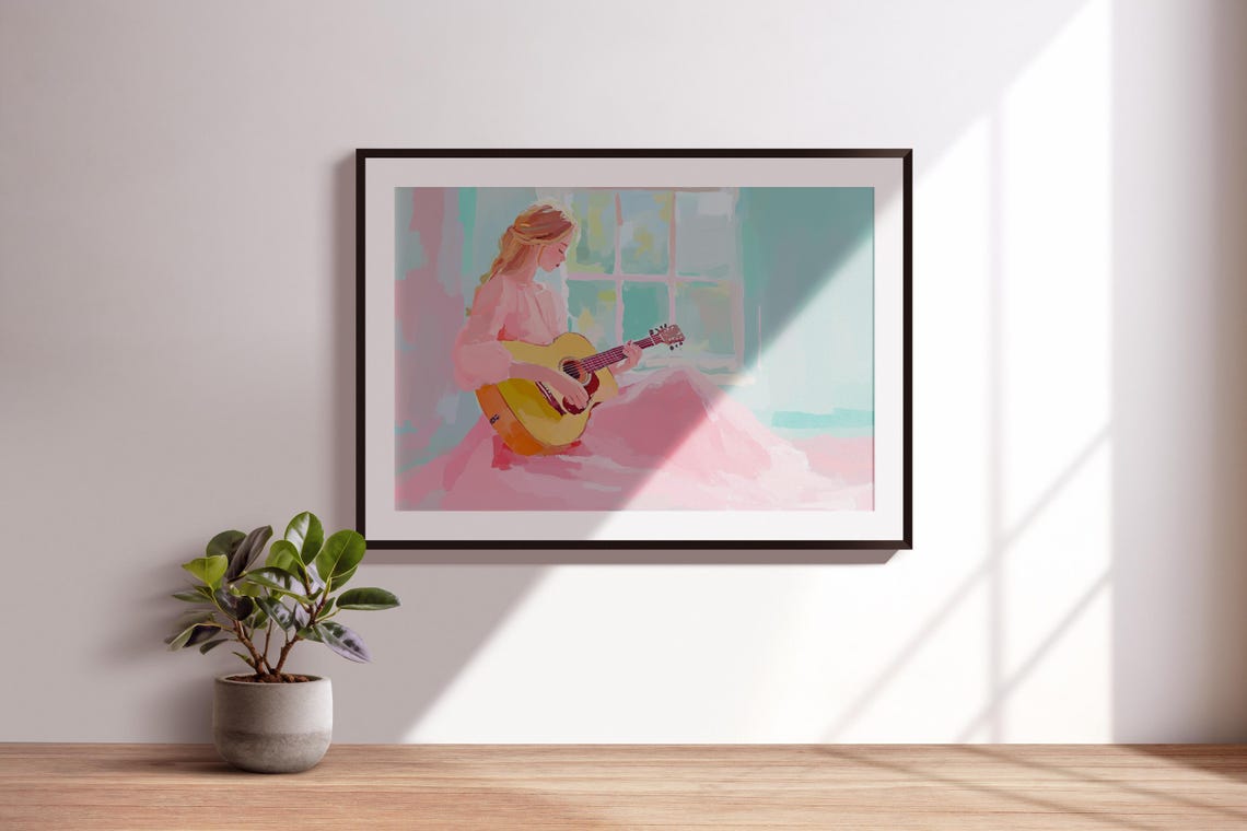 Girl In Pink Dress Playing Acoustic Guitar By Window Pastel Art Poster - Image 3