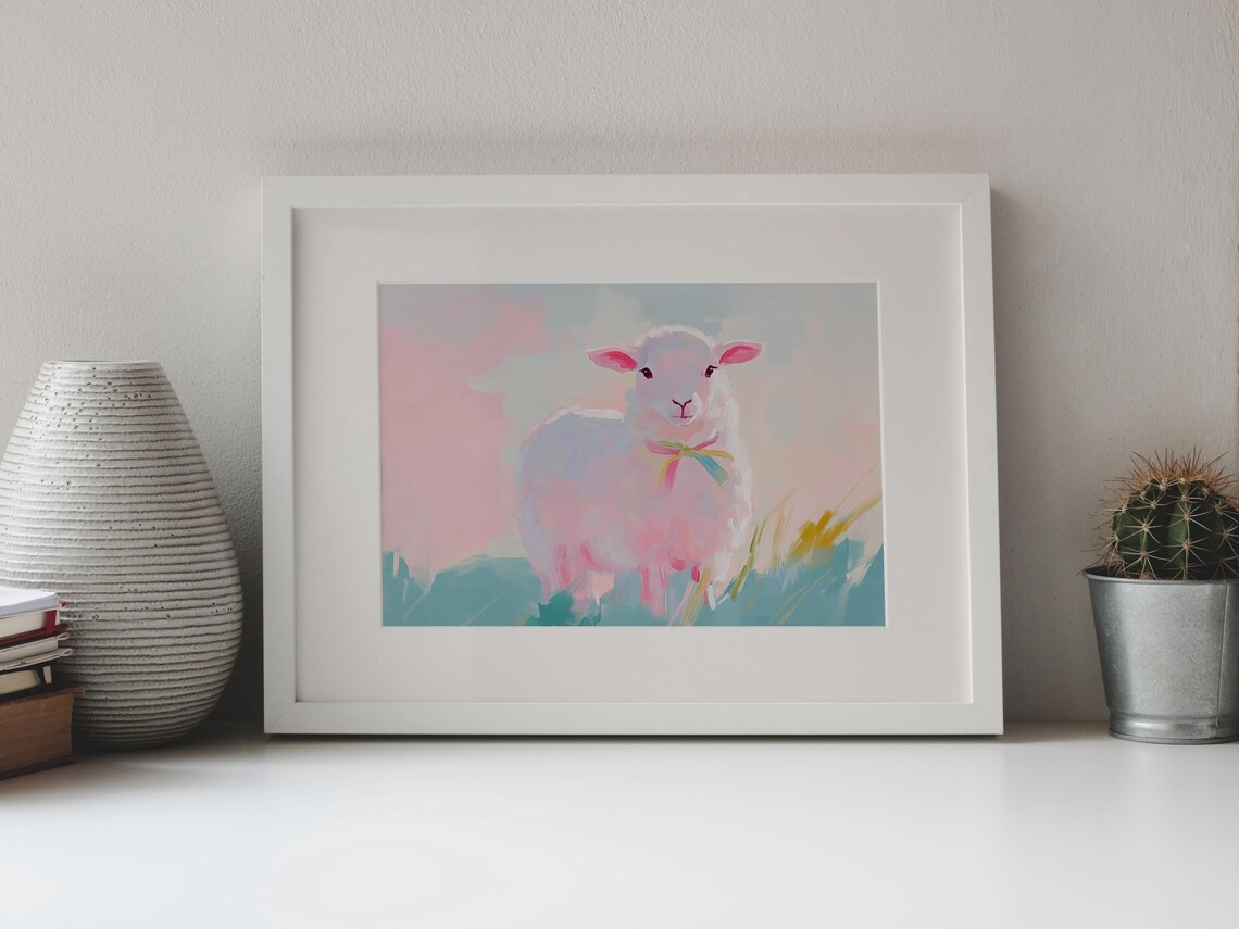 White Lamb Pink Bow Pastel Meadow Sweet Nursery Animal Art Print - Image 4