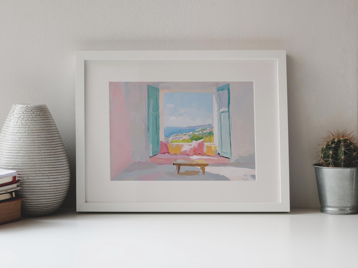 Mediterranean Window With Teal Shutters Overlooking Ocean Coast Pastel Poster - Image 4