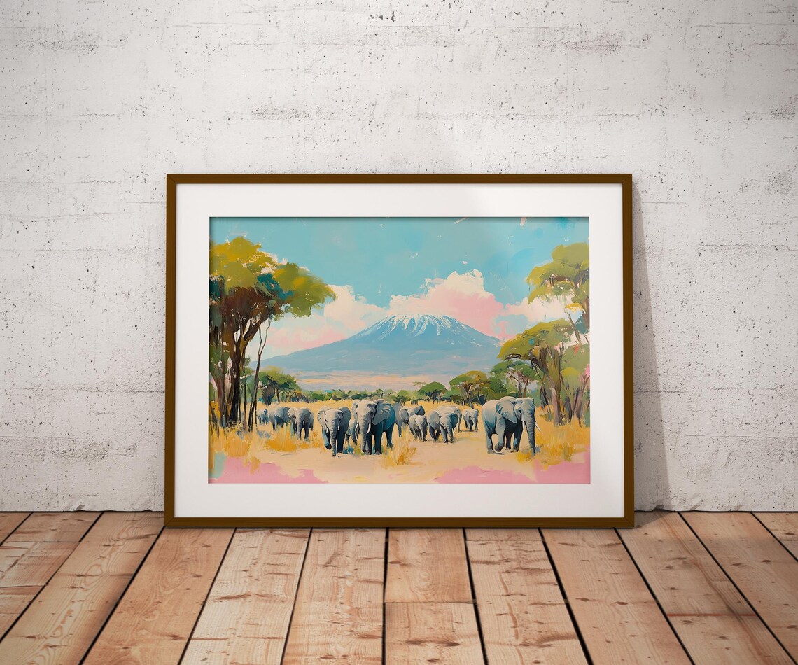 Elephants Crossing Savannah Snow Capped Mount Kilimanjaro Africa Wildlife Poster - Image 2