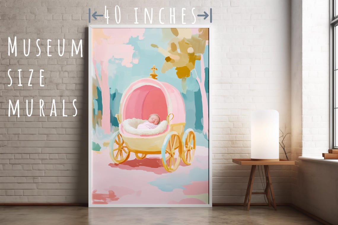Vintage Pink Baby Pram With Sleeping Baby Pastel Nursery Art Poster - Image 5