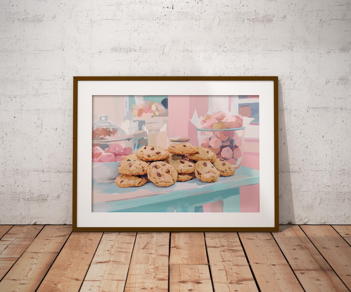 Stack Of Chocolate Chip Cookies On Pastel Blue Table Kitchen Poster - Image 2