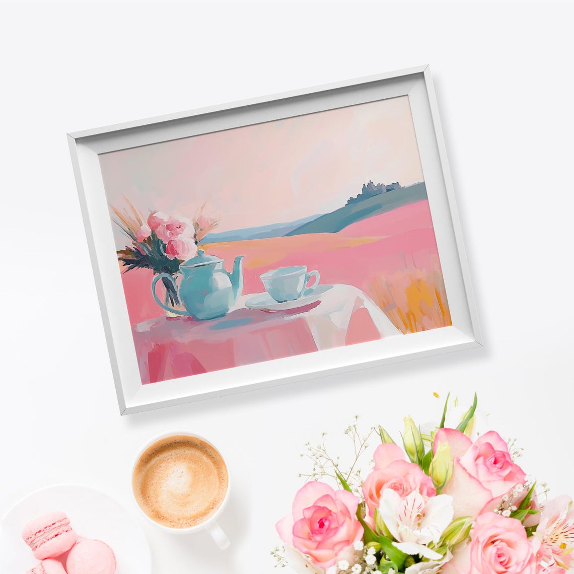 Teal Teapot and Teacup Rose Tea Party Pastel Table Art Poster - Image 5