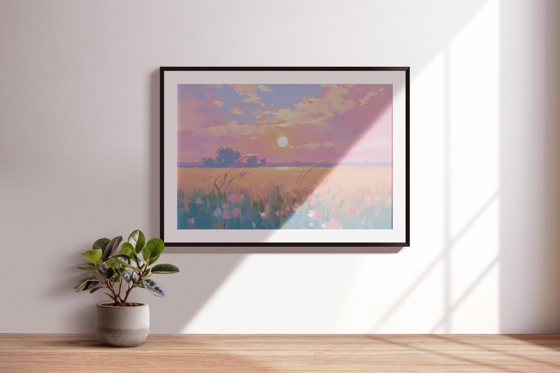 Sunrise Wildflower Meadow Pink Pastel Sky Morning Sun Landscape Poster - Image 3