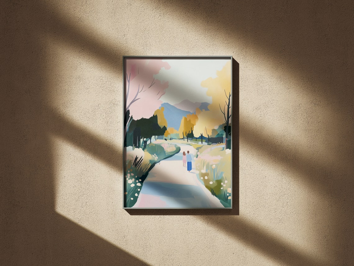 Couple Walking Country Path Pastel Mountains Spring Wall Art Print - Image 4