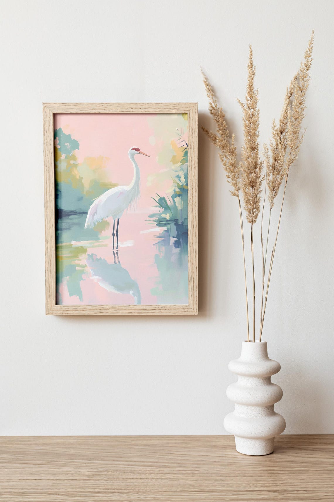 Red Crowned Crane White Bird Pink Marsh Water Impressionist Poster - Image 4