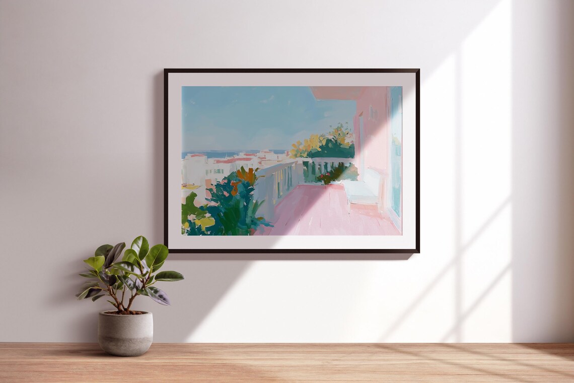 Mediterranean Balcony Sea View Pastel Coastal Cityscape Travel Poster - Image 4