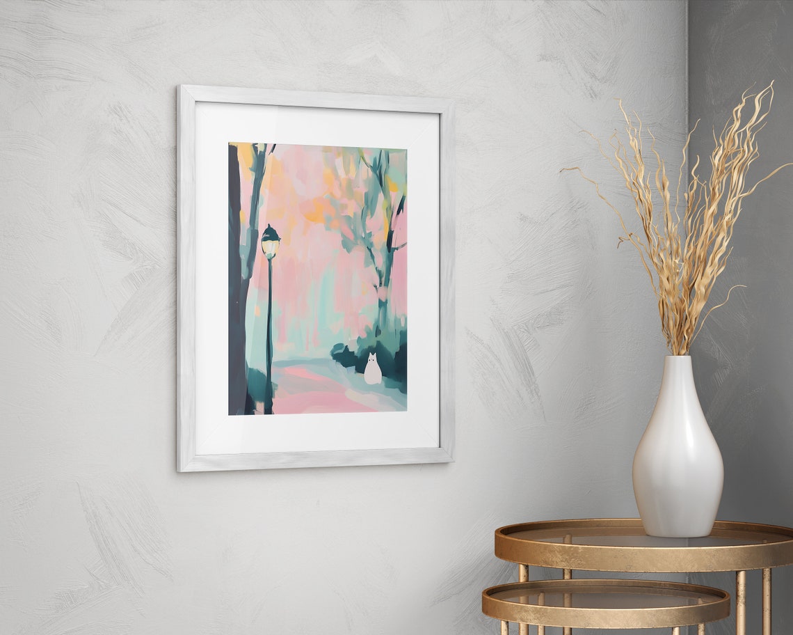 White Cat on Park Path Lamppost Pastel Blossom Night Wall Art Print - Image 4