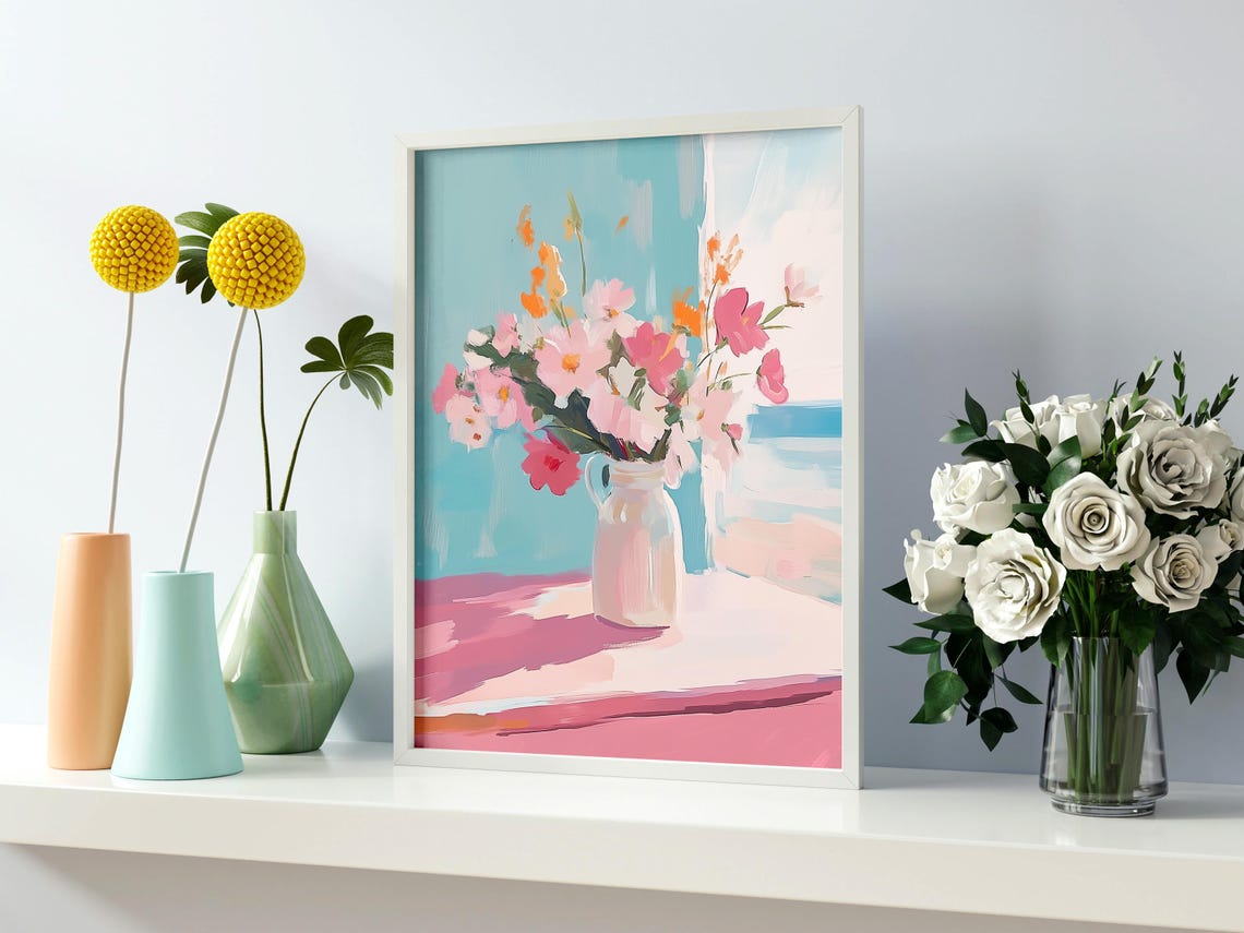 Pink Cosmos Bouquet White Vase Sunlit Windowsill Pastel Art Print - Image 2