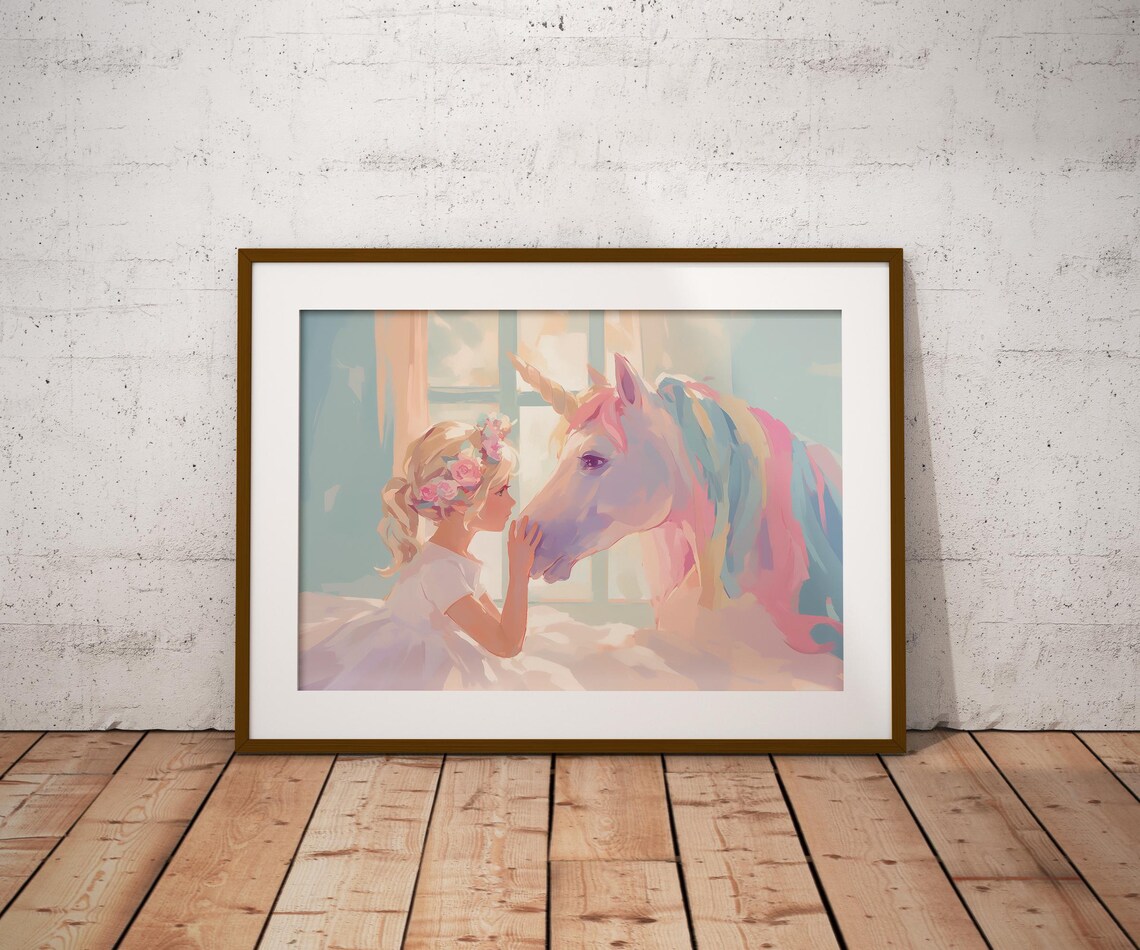 Little Girl Flower Crown Pastel Rainbow Unicorn Nursery Fantasy Poster - Image 2