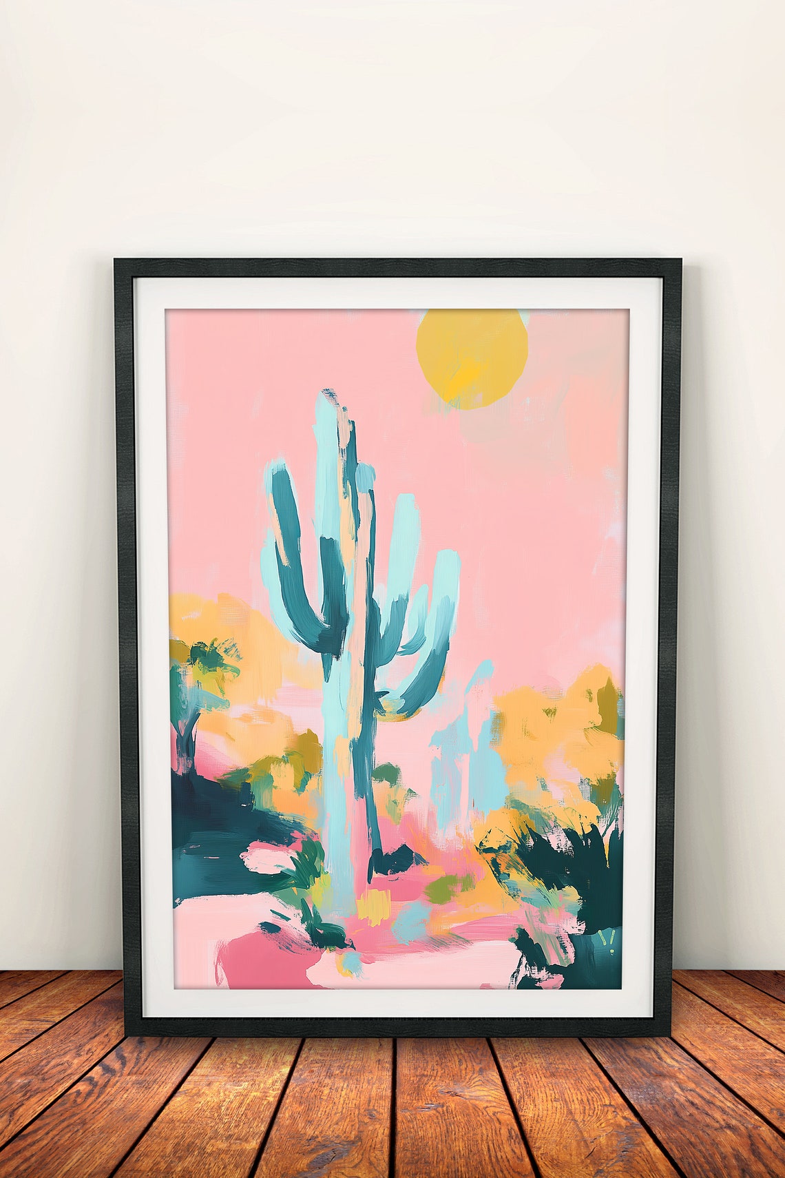 Saguaro Cactus Under Golden Sun Pastel Desert Day Wall Art Print - Image 2