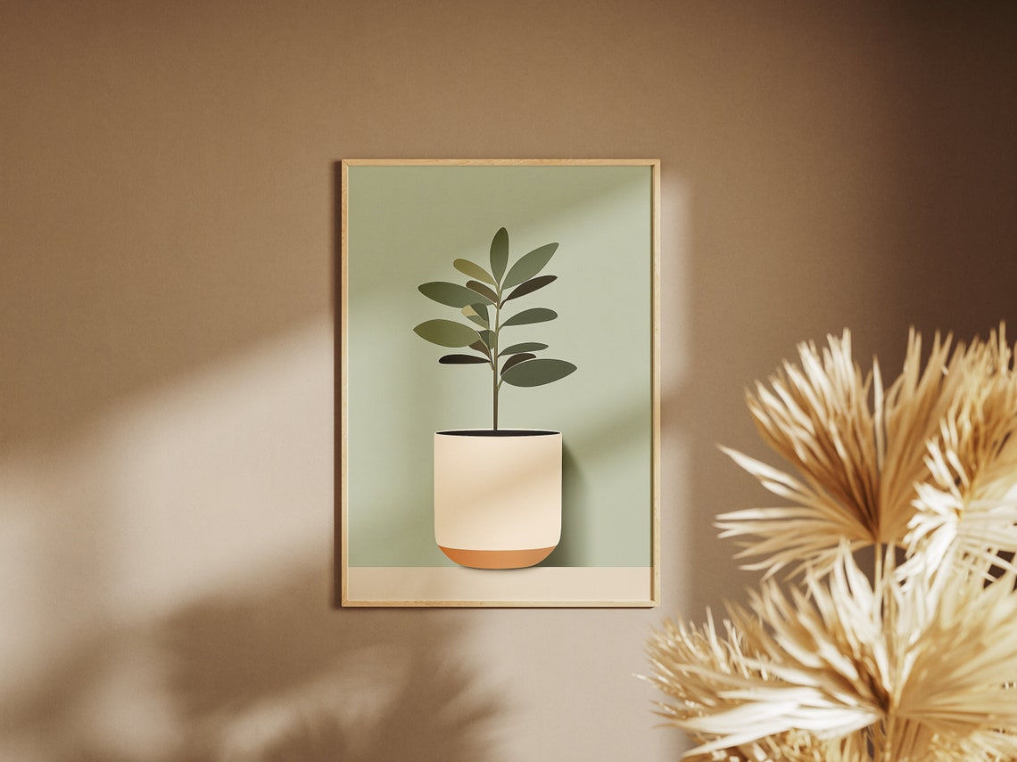 Minimalist Houseplant Cream Pot Sage Green Simple Wall Art Print - Image 2