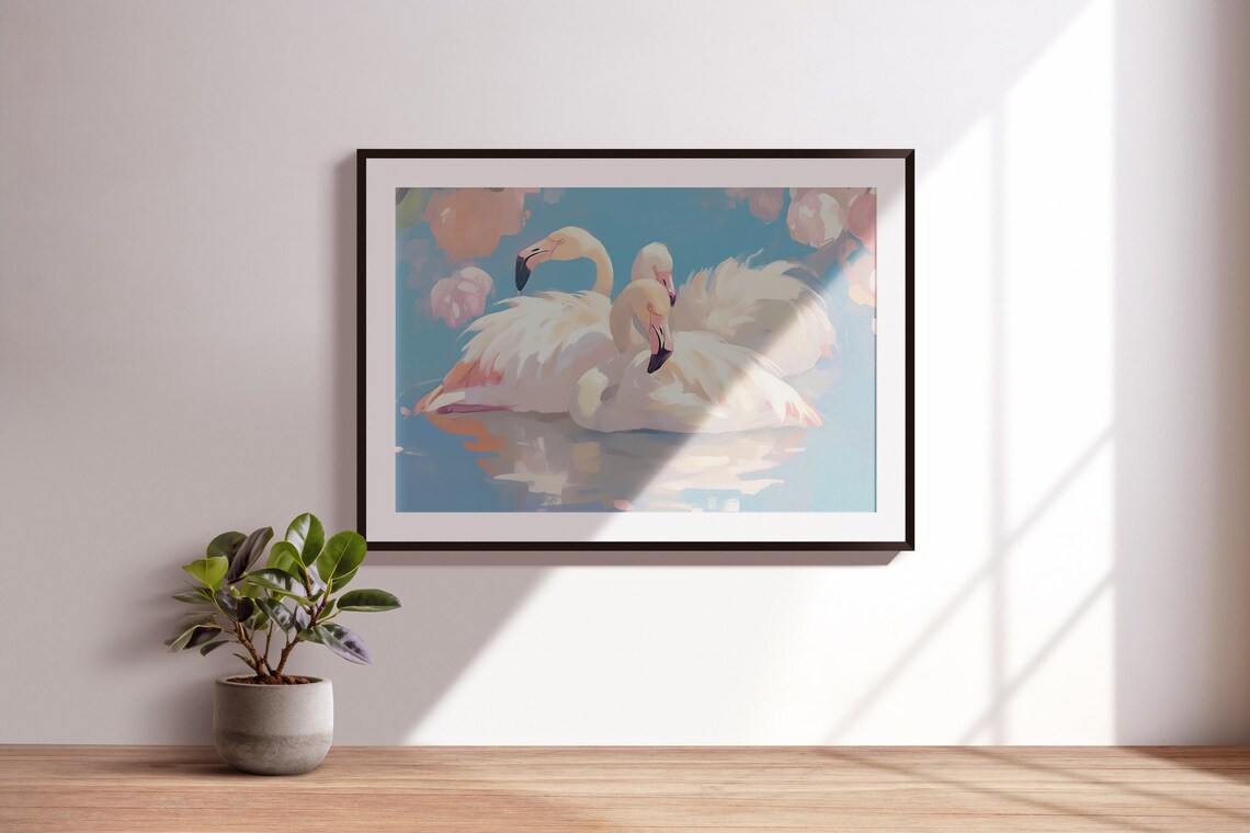 Three White Flamingos Turquoise Water Soft Pink Blossoms Tropical Bird Poster - Image 3