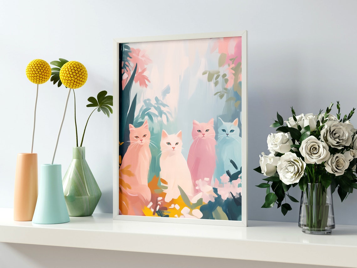 Four Pastel Cats in a Garden Cute Colorful Cat Wall Art Print Poster - Image 2