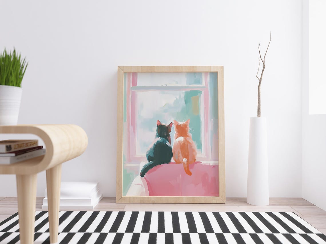 Two Cats Looking Out Window Pastel Pink Cute Feline Wall Art Print - Image 2