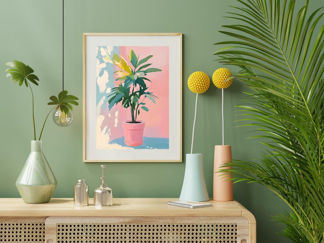 Potted Palm Plant Pink Terracotta Pot Pastel Botanical Art Poster - Image 2