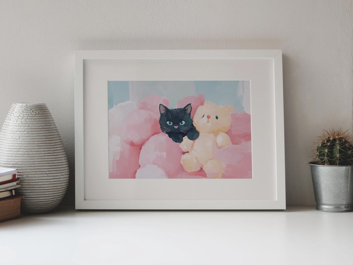 Black Kitten Cuddling Teddy Bear Pastel Pink Nursery Kawaii Art Poster - Image 4