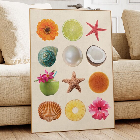 Tropical Summer Collage Poster Seashells Pineapple Hibiscus Beach Vibes