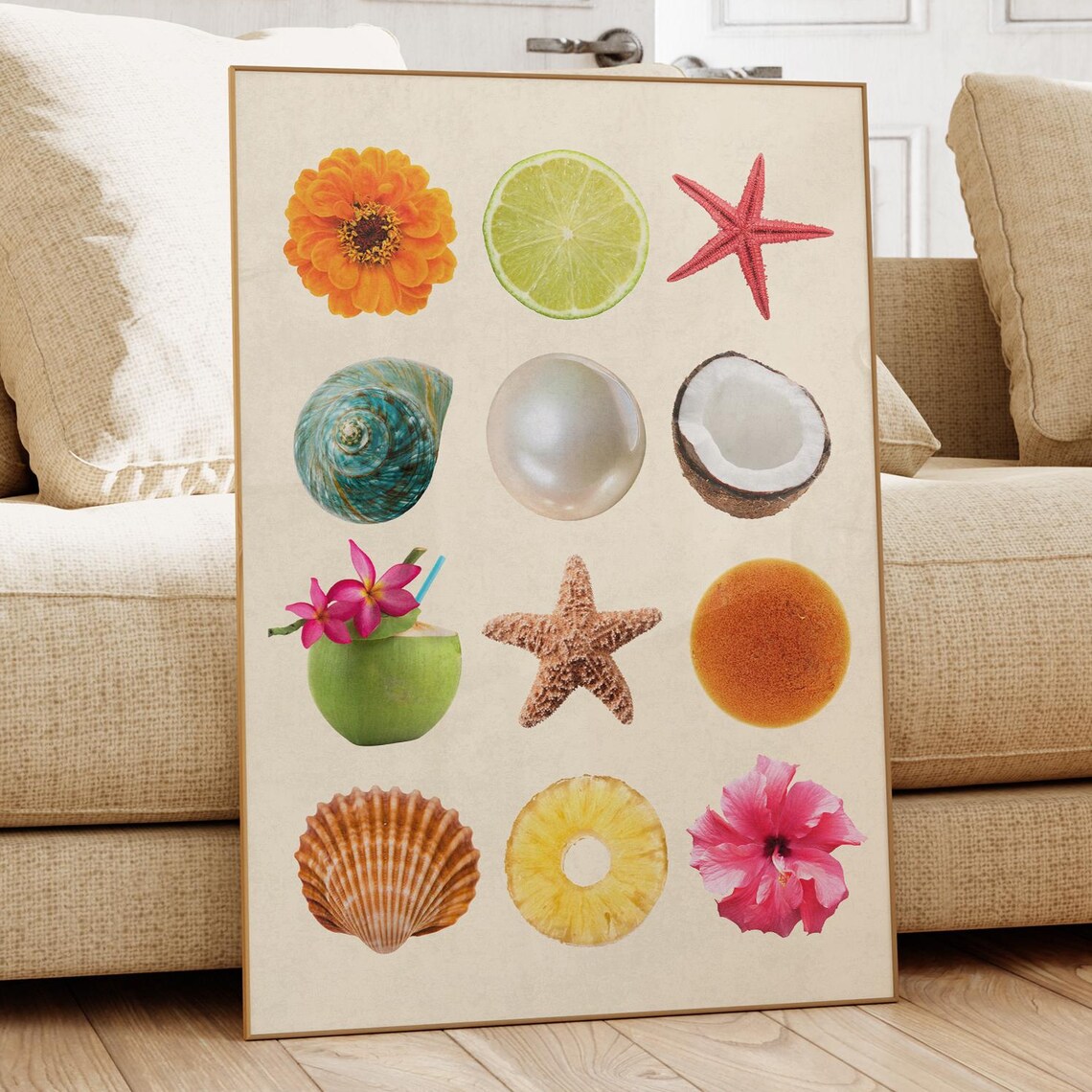 Tropical Summer Collage Poster Seashells Pineapple Hibiscus Beach Vibes