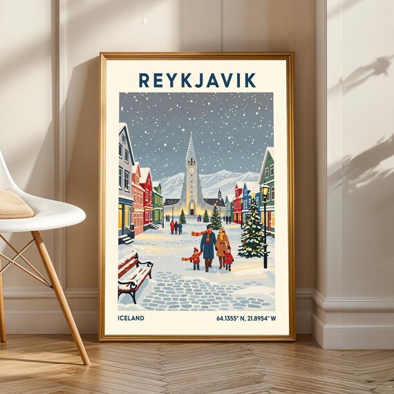 Reykjavik Hallgrmskirkja Poster Blue And Red Green White Art Vintage Travel Illustration Winter Scene For Living Room Decor