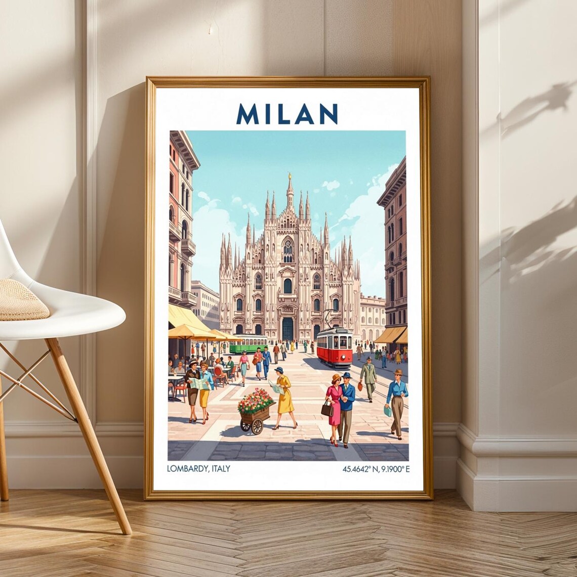 Milan Italy Duomo Cathedral Vintage Trams Piazza Travel Poster