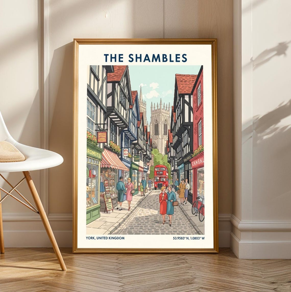 York Shambles Street Poster Red And Blue Green Line Art Vintage Uk Cityscape Illustration British Travel For Living Room