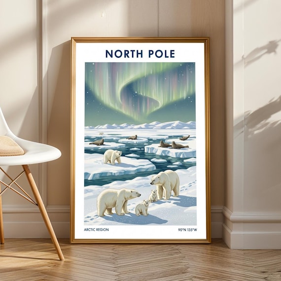 North Pole Wildlife Poster Vintage Gouache Painting White Blue And Green Arctic Art Polar Bear Illustration For Living Room Or Office