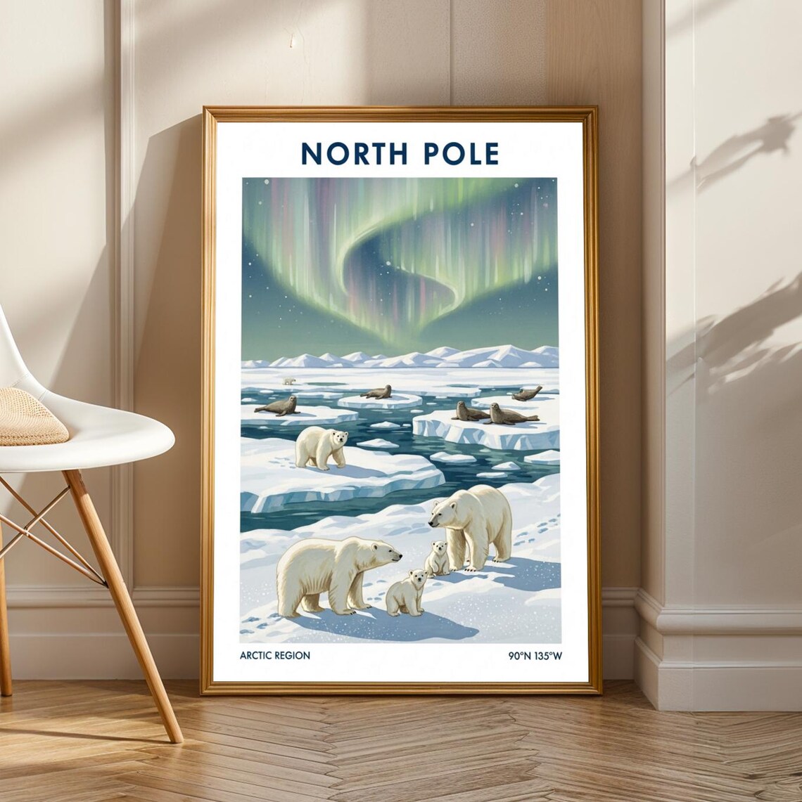 North Pole Polar Bears Aurora Borealis Arctic Region Travel Poster
