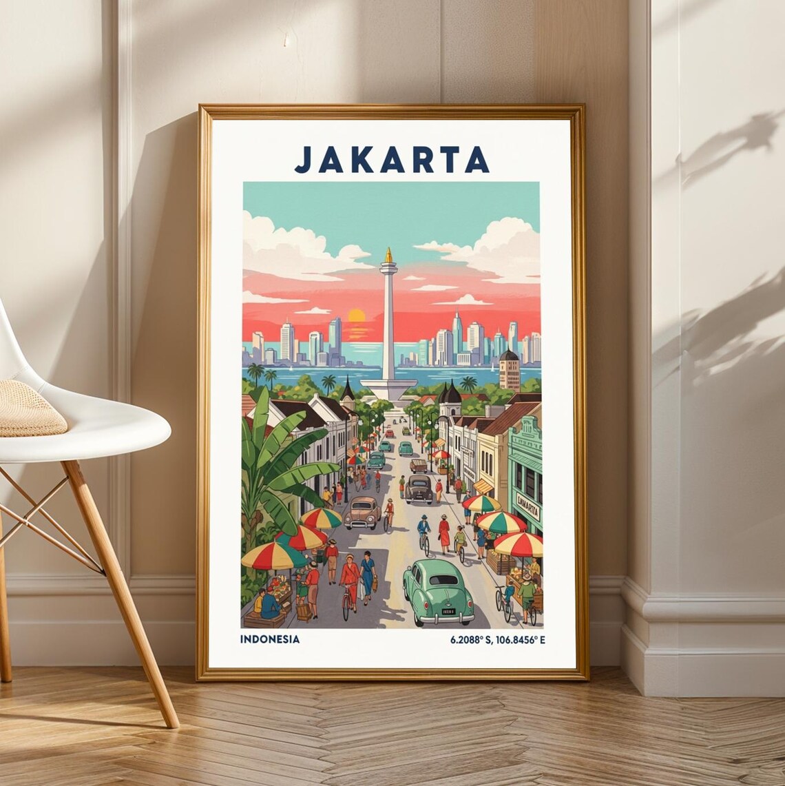 Jakarta Indonesia Monas Monument Old Town Street Sunset Travel Poster