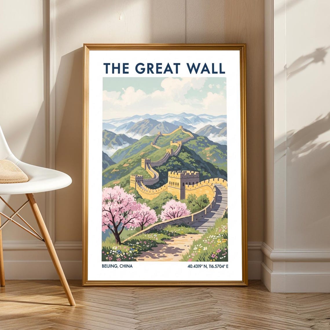 The Great Wall Beijing Vintage Travel Poster With Cherry Blossoms