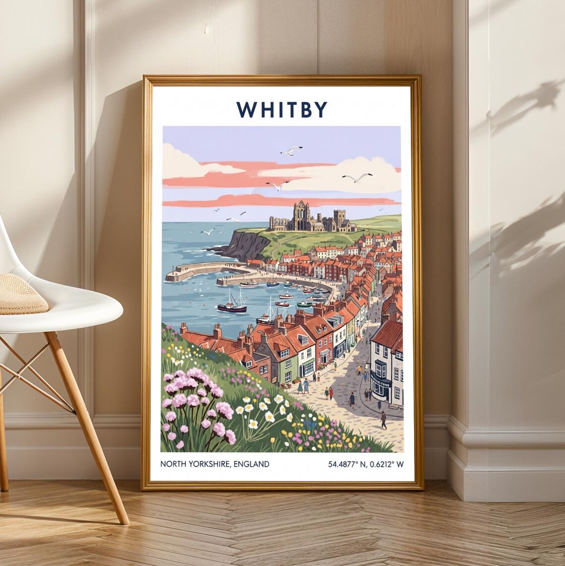 Whitby Coastal Town Travel Poster, British Art