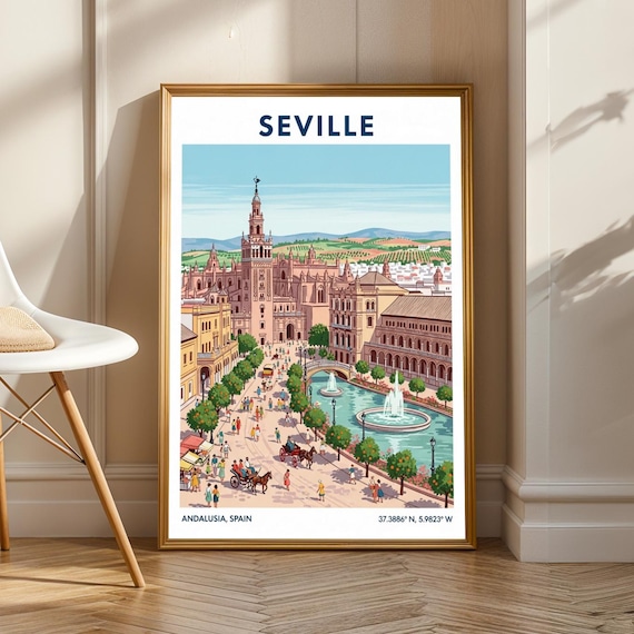Seville Spain Giralda Fountains Plaza De Espana Andalusia Travel Poster