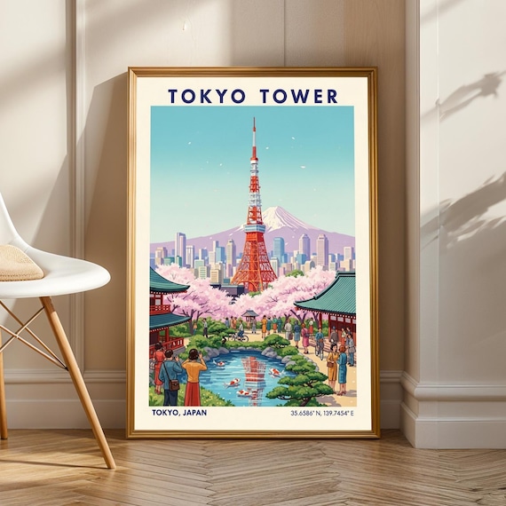 Tokyo Tower Cherry Blossoms Koi Pond Vintage Japan Travel Poster