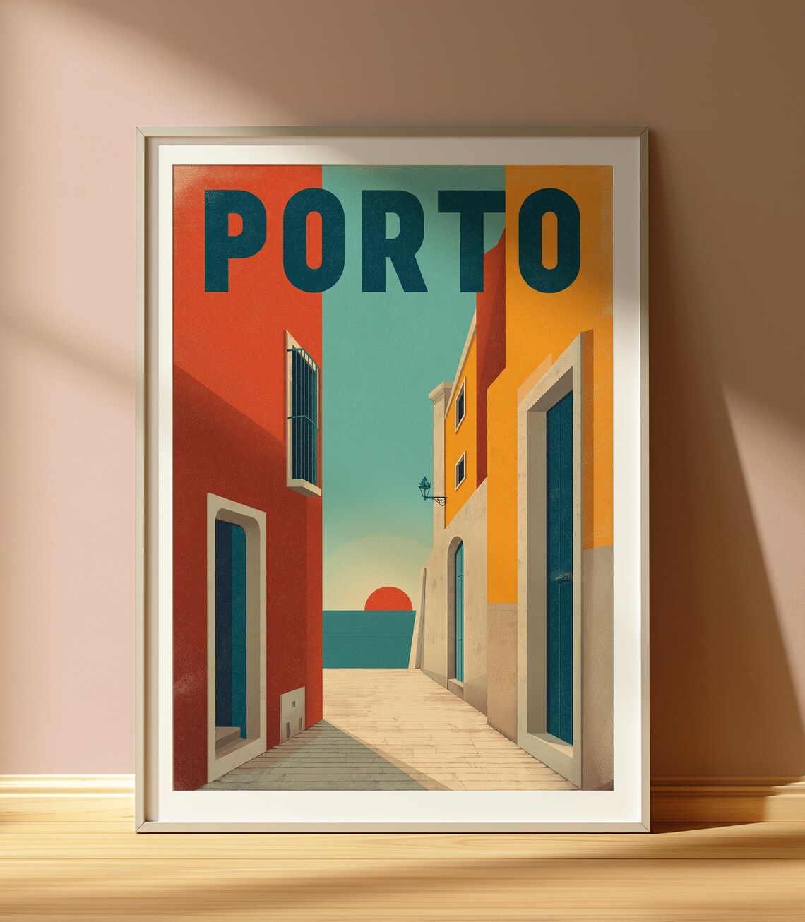 Porto Portugal Colorful Alley Sunset Ocean Travel Art Poster