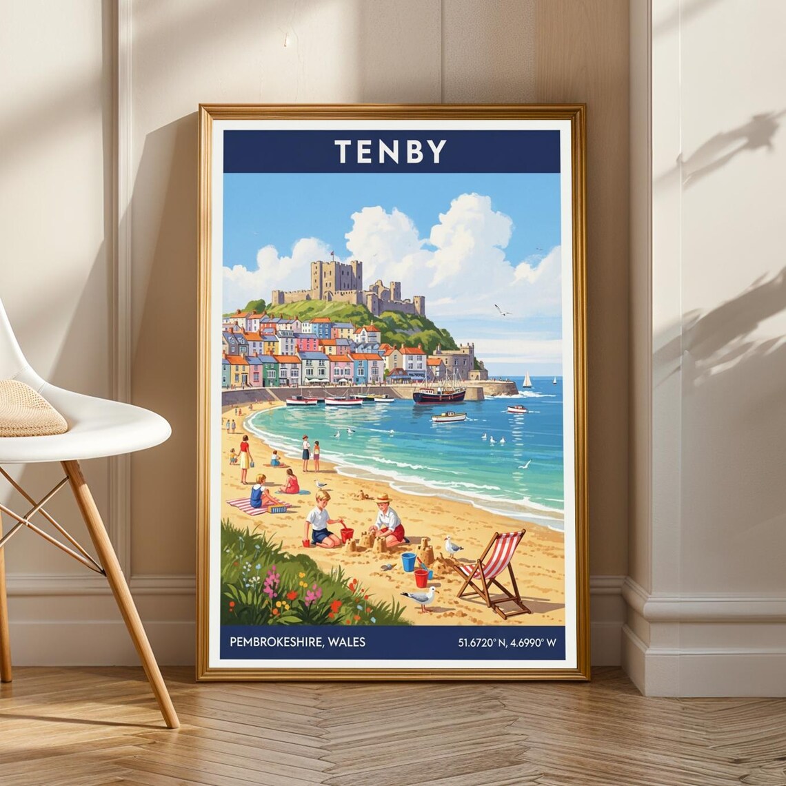 Tenby Beach Golden Sand Vintage Welsh Coastal Travel Scene Poster