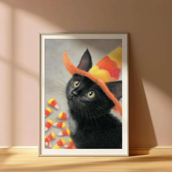 Black Cat Halloween Print Witch Hat Kitten Poster