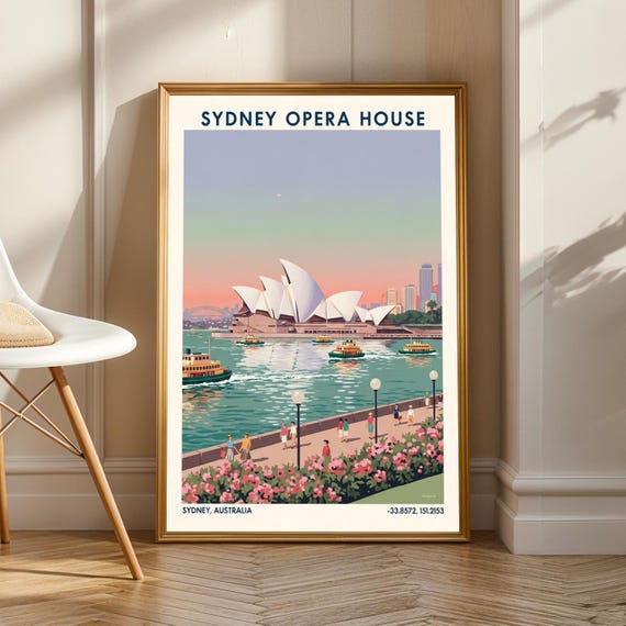Sydney Opera House Poster Pastel Pink And Mint Green Teal Art Retro Travel Illustration Living Room Office Decor