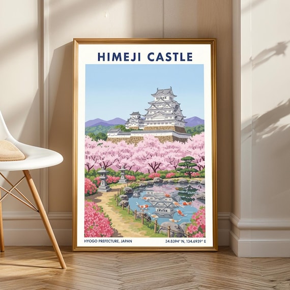 Himeji Castle Poster Vintage Gouache Illustration Pink And Green Blue Wall Art Japanese Landscape Print For Living Room Decor